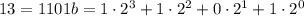 13 = 1101b = 1\cdot{2^3} + 1\cdot{2^2} + 0\cdot{2^1} + 1\cdot{2^0}