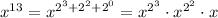 x^{13} = x^{2^3+2^2+2^0} = x^{2^3}\cdot{x^{2^2}}\cdot{x}